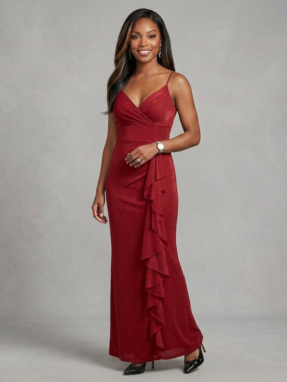 De Laru Collection Red Shimmer Sparkle Ruffle Gown
